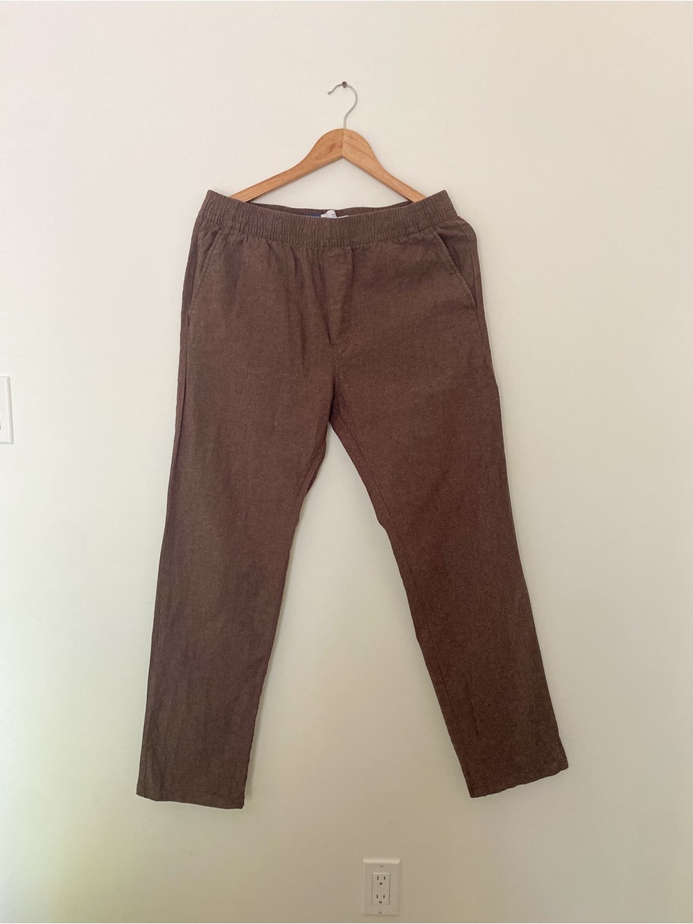 Old Navy 90s Straight Linen Blend Pants Medium | Brown Pull-On Elastic Waist - Picture 2 of 8